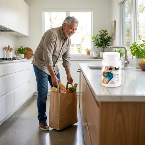 Hombre levantando una bolsa de compras en la cocina