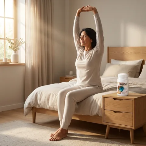 Mujer estir&aacute;ndose al borde de la cama por la ma&ntilde;ana