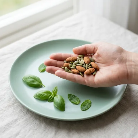 Almendras y semillas de calabaza en la mano