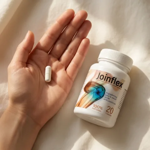 Un comprimido de Joinflex en la mano junto al frasco